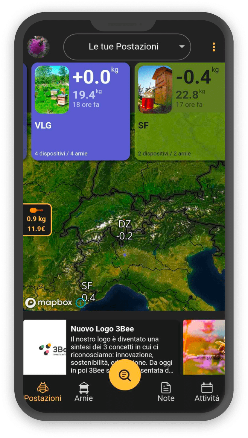 App 3Bee con la mappa delle postazioni e il peso delle arnie rilevato dalla bilancia