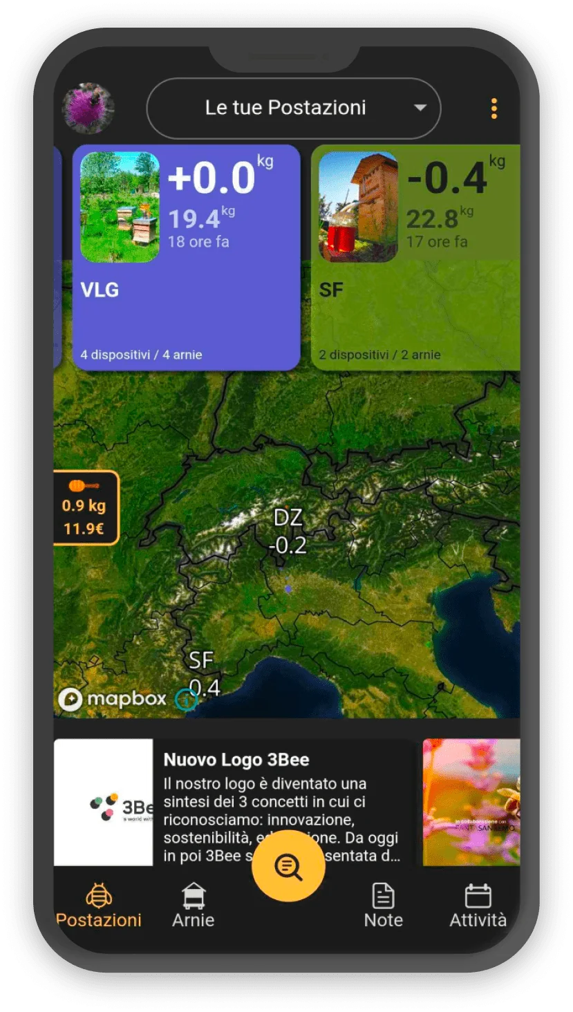 App 3Bee con la mappa delle postazioni e il peso delle arnie rilevato dalla bilancia