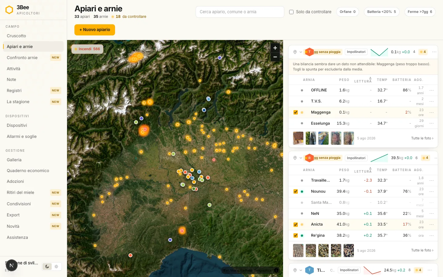 Mappa satellitare degli apiari nell'app 3Bee, con gli incendi attivi segnalati sul territorio e i pannelli delle arnie con peso, temperatura e batteria